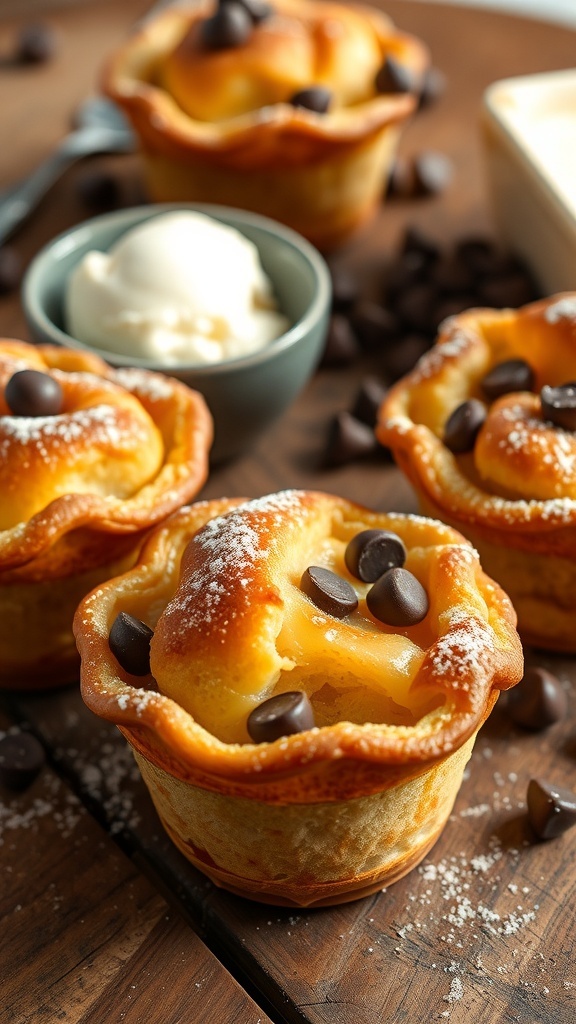 Individual bread pudding cups baked to golden perfection, served with chocolate chips and powdered sugar.